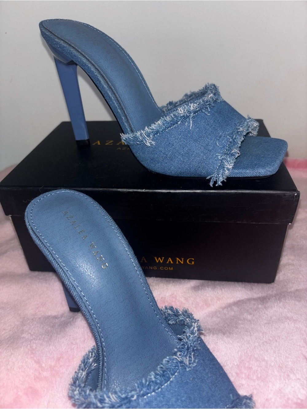 AKIRA Blue Denim Frayed Strap High Heel Mules